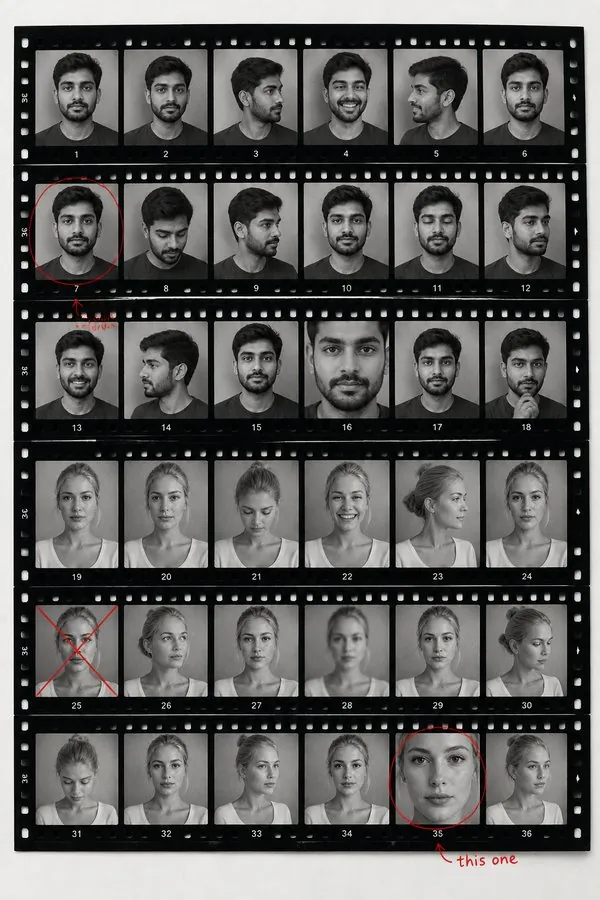 Contact sheet made from two portraits, three strips for each person, black-and-white frames with red pencil marks