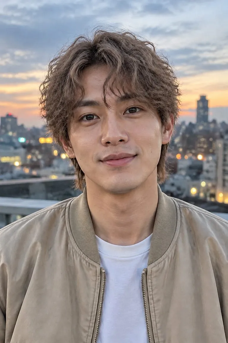 Curly hair filter: a man with medium-length light-brown hair, then the same photo with loose curly perm