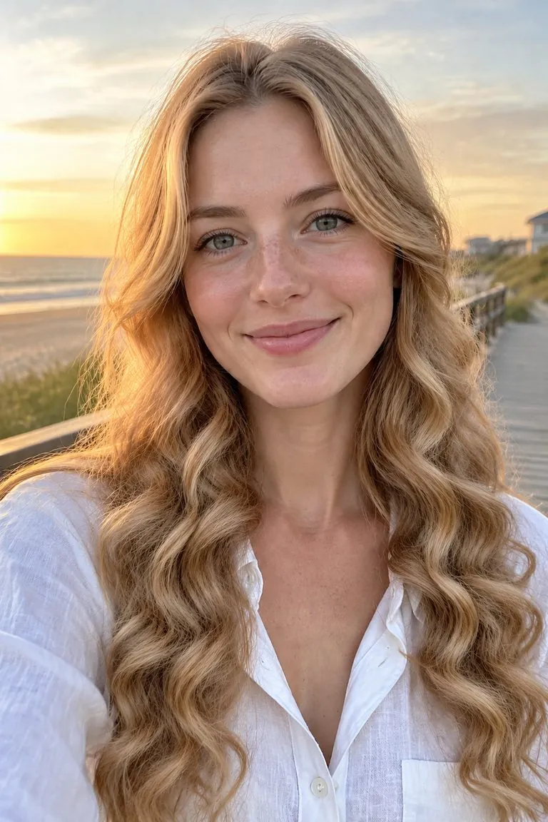 Curly hair filter: a woman with long strawberry-blonde hair, then the same photo with big bouncy curls
