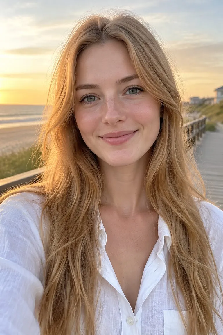 Curly hair filter: a woman with long strawberry-blonde hair, then the same photo with big bouncy curls (original photo)