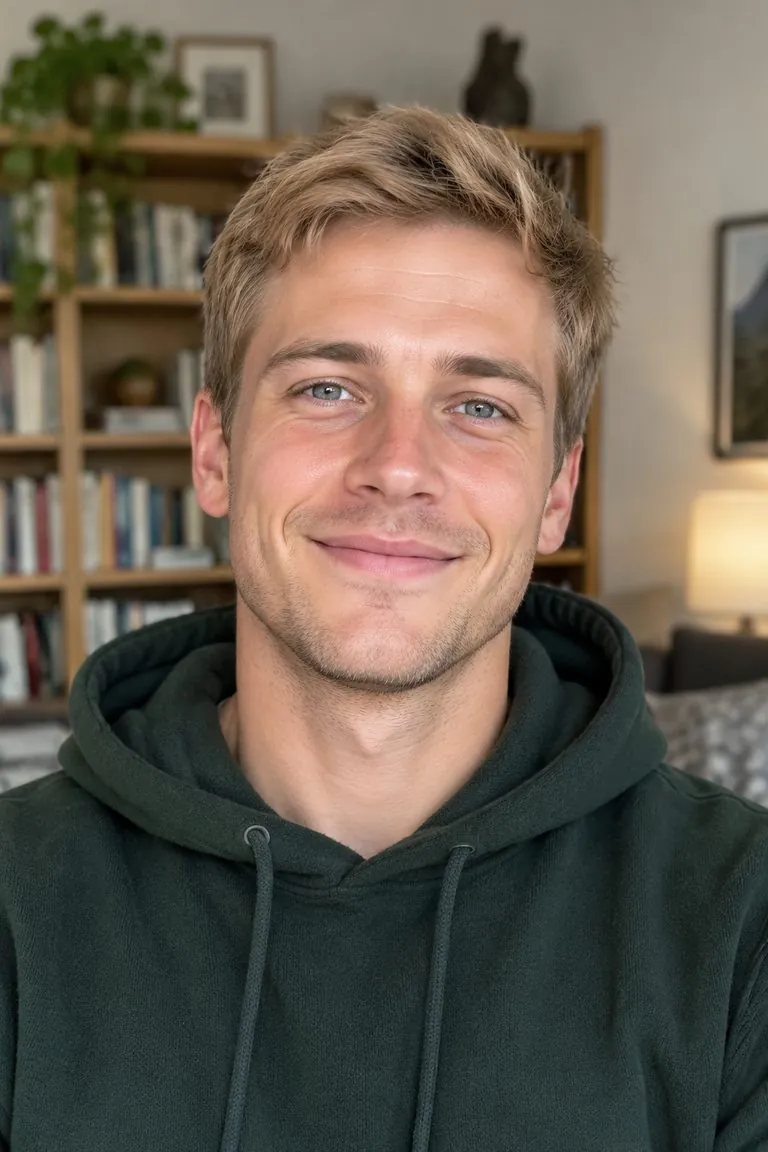 Curly hair filter: a man with short sandy-blonde hair, then the same photo with short curly hair on top — original