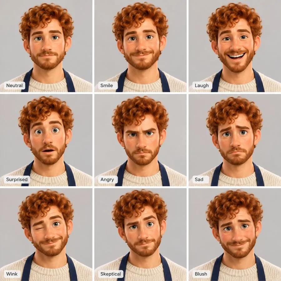 Expression sheet result: nine expressions of the same 3D character