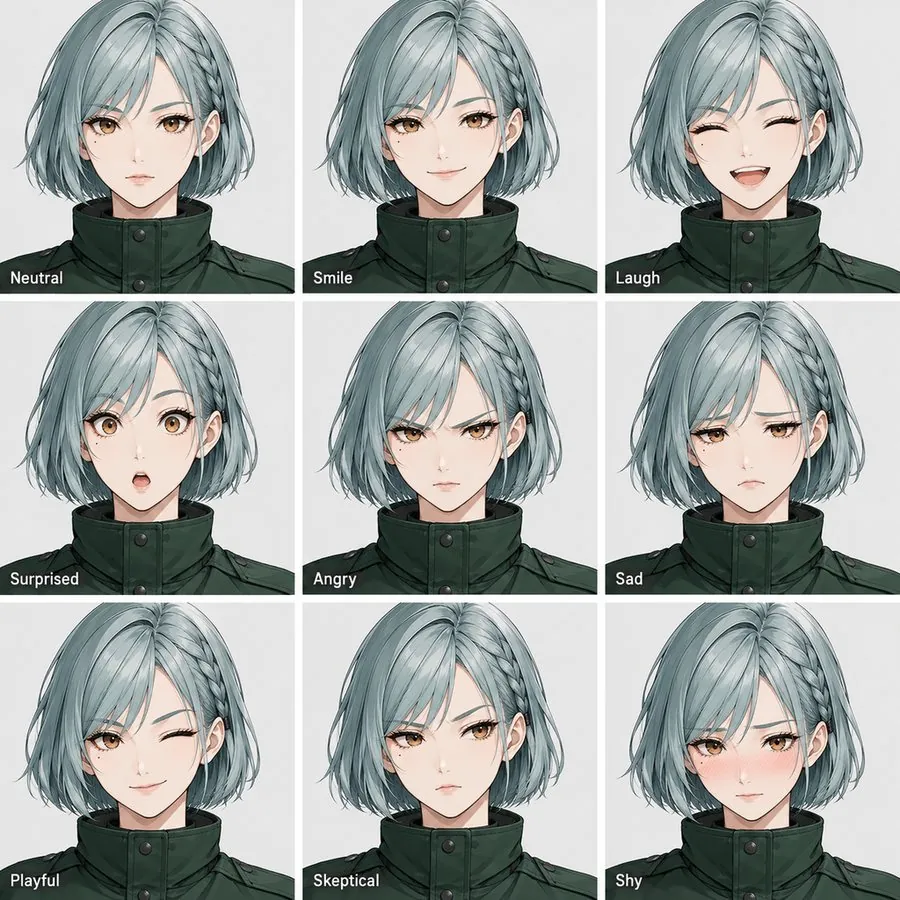 Expression sheet generator: an original anime character turned into a 3x3 sheet of nine expressions