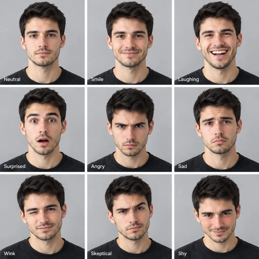 Expression sheet result: nine expressions of the same person