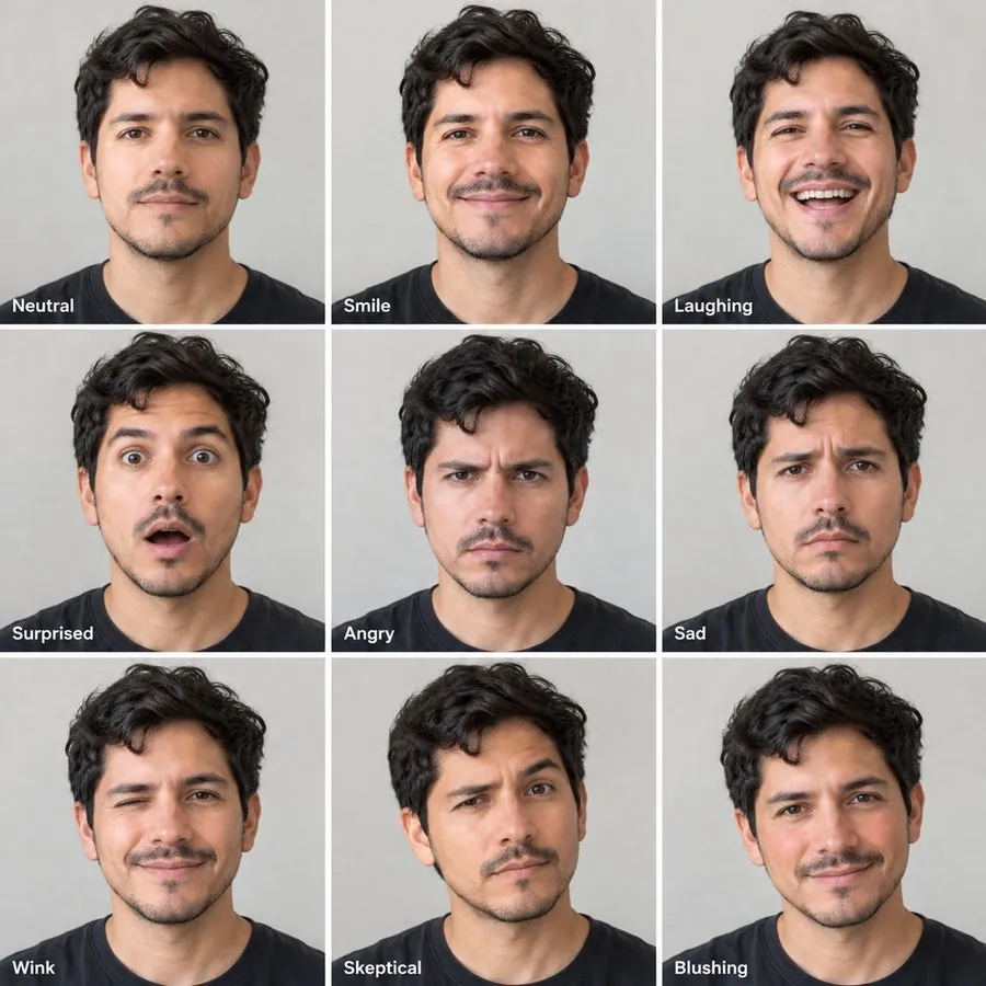 Expression sheet result: nine expressions of the same person