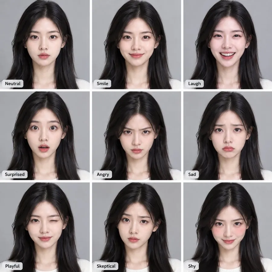 Expression sheet result: nine expressions of the same person