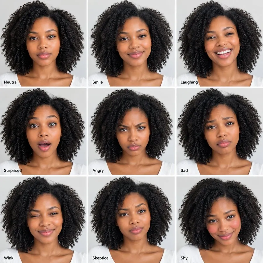 Expression sheet result: nine expressions of the same person