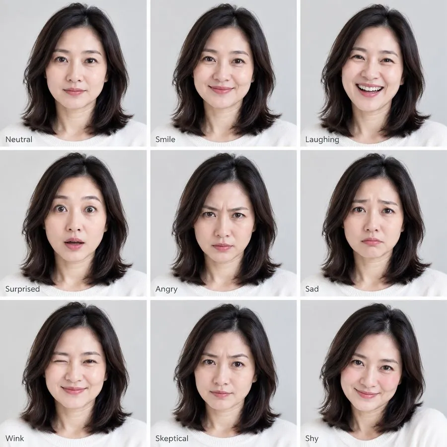 Expression sheet result: nine expressions of the same person