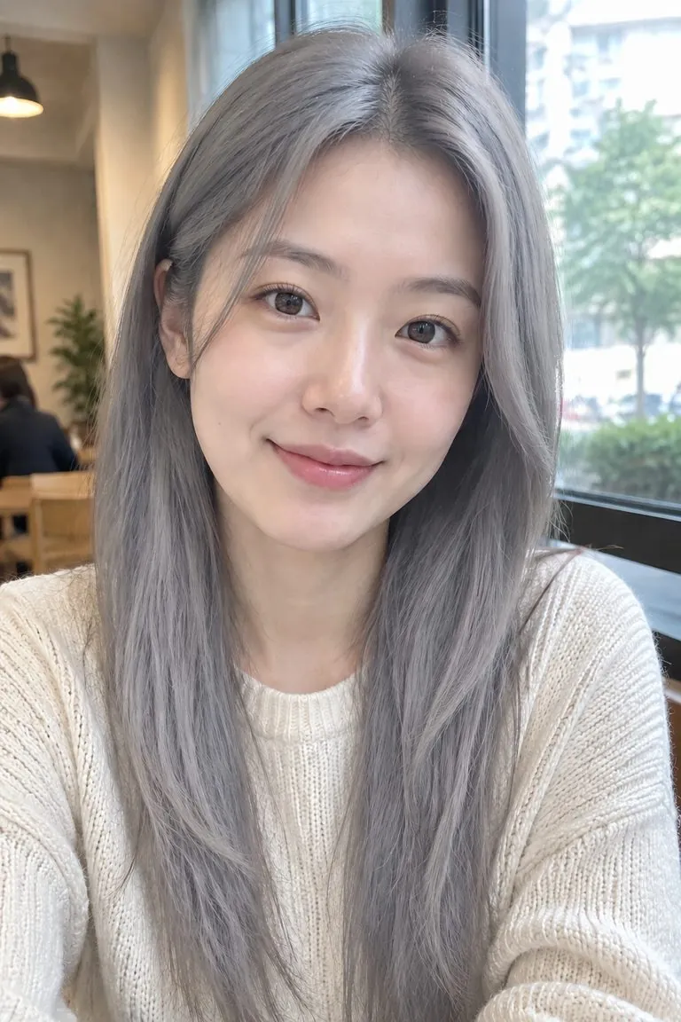 Gray hair filter: a woman with long dark-brown hair, then the same photo with natural silver gray hair