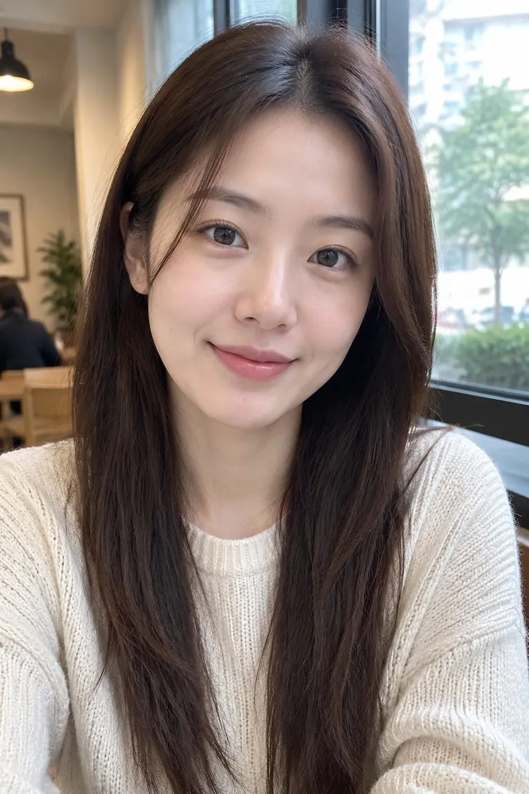 Gray hair filter: a woman with long dark-brown hair, then the same photo with natural silver gray hair (original photo)