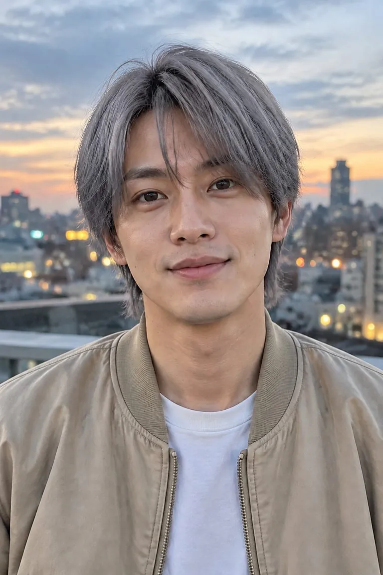 Gray hair filter: a man with medium-length light-brown hair, then the same photo with steel gray hair