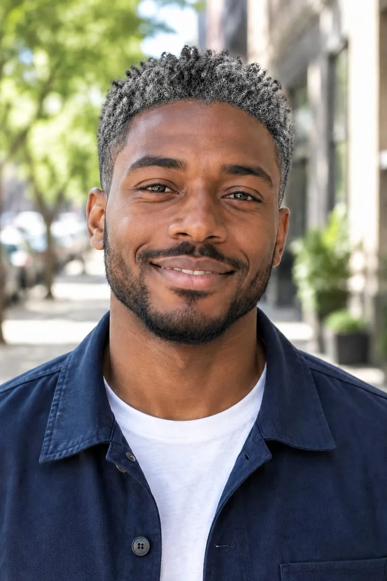 Gray hair filter: a man with a short dark coily haircut, then the same photo with salt-and-pepper gray hair