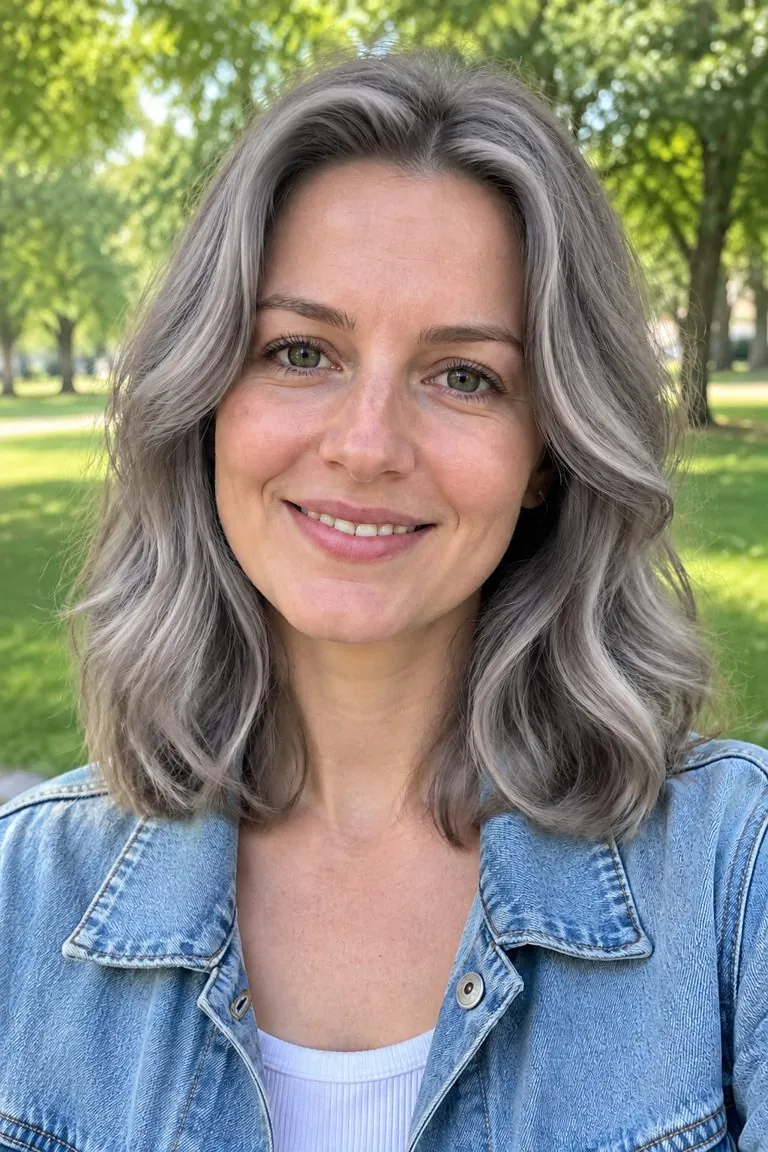 Gray hair filter: a woman with shoulder-length light-brown waves, then the same photo with soft ash gray hair