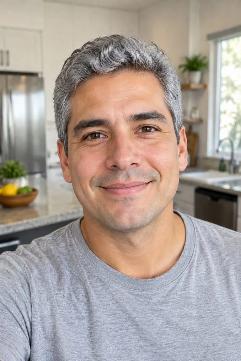 Gray hair filter: a man with short dark hair, then the same photo with distinguished silver gray hair