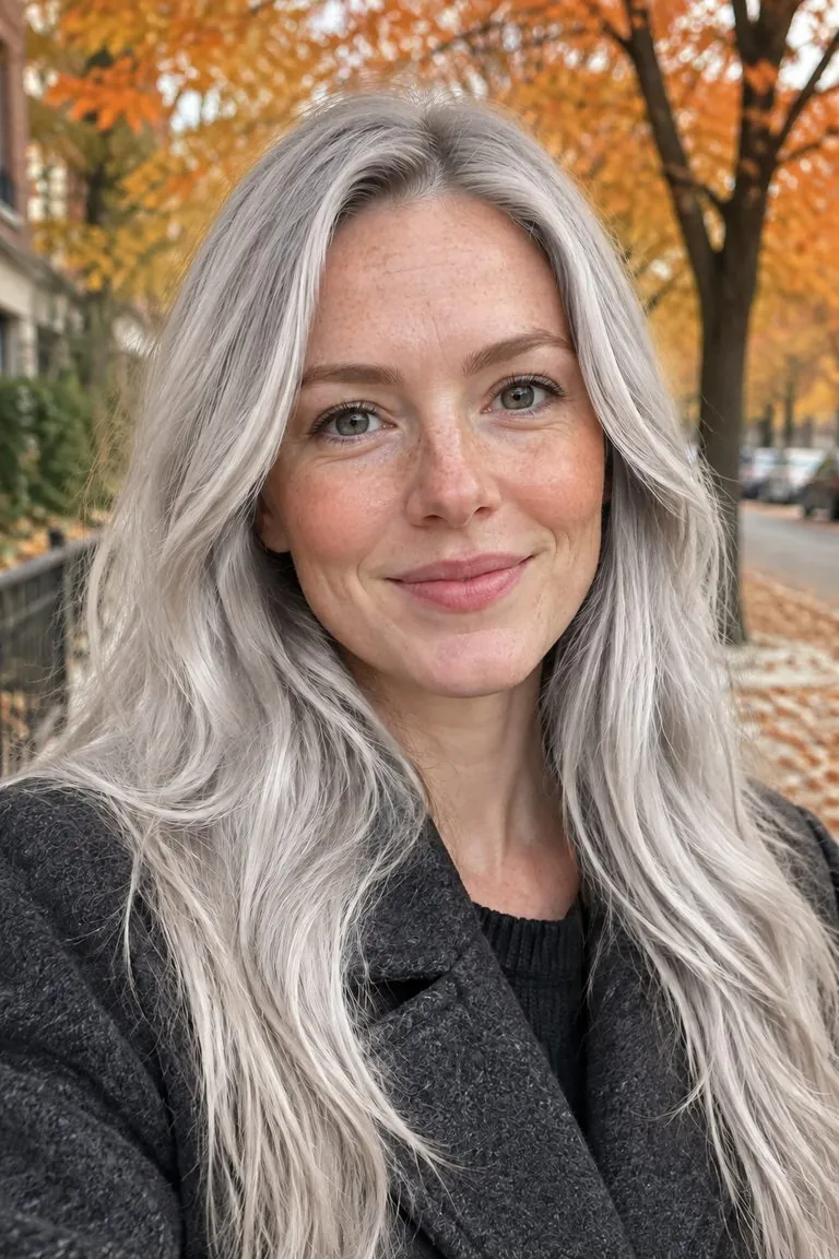Gray hair filter: a woman with long copper-red hair, then the same photo with silver white hair