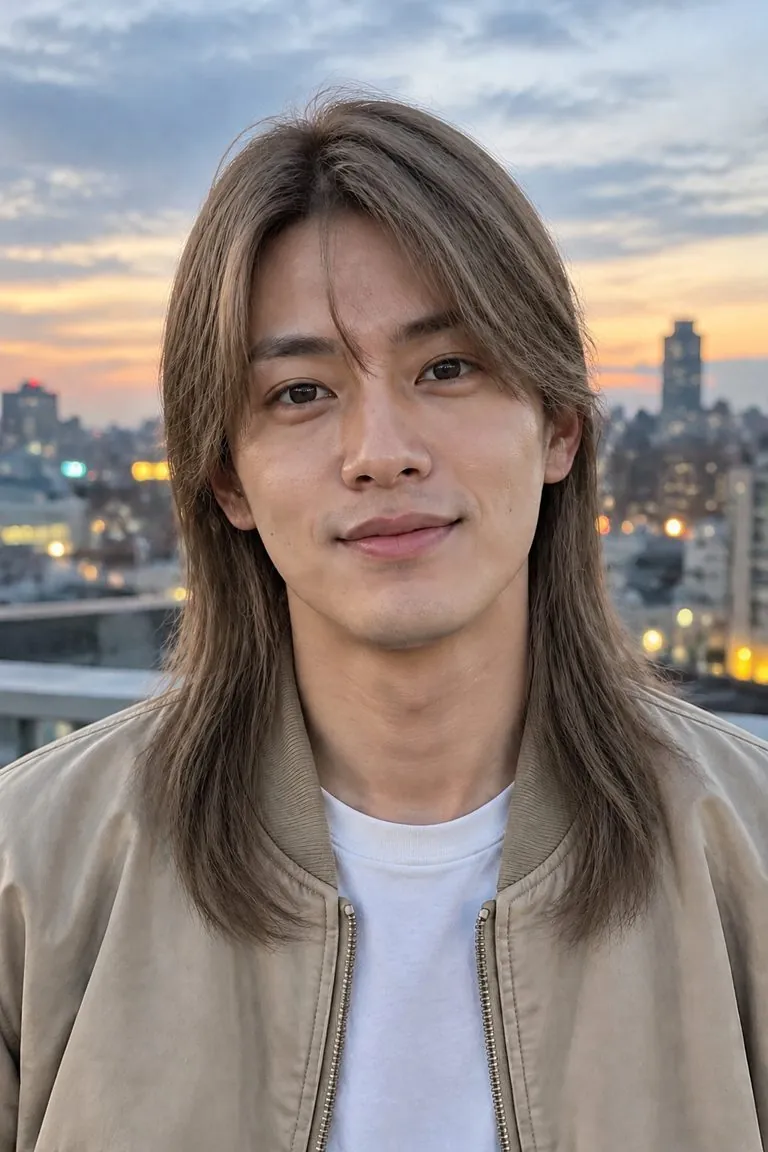 Long hair filter: a man with medium-length light-brown hair, then the same photo with long straight hair past the shoulders