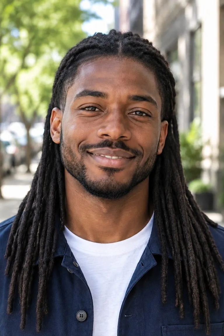 Long hair filter: a man with a short dark coily haircut, then the same photo with long dreadlocks past the shoulders