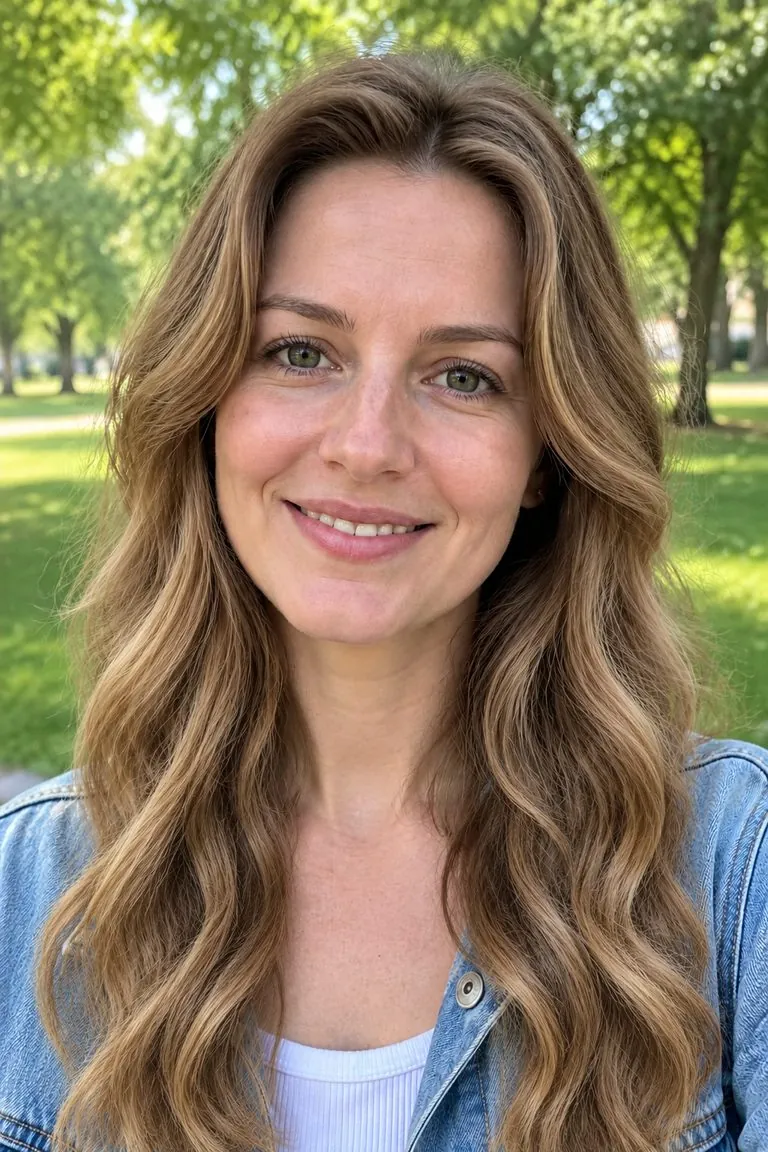 Long hair filter: a woman with shoulder-length light-brown waves, then the same photo with long wavy hair past the chest