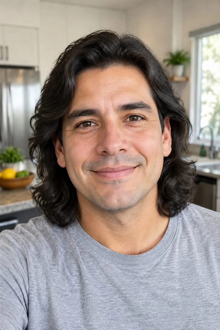 Long hair filter: a man with short dark hair, then the same photo with long wavy hair to the shoulders