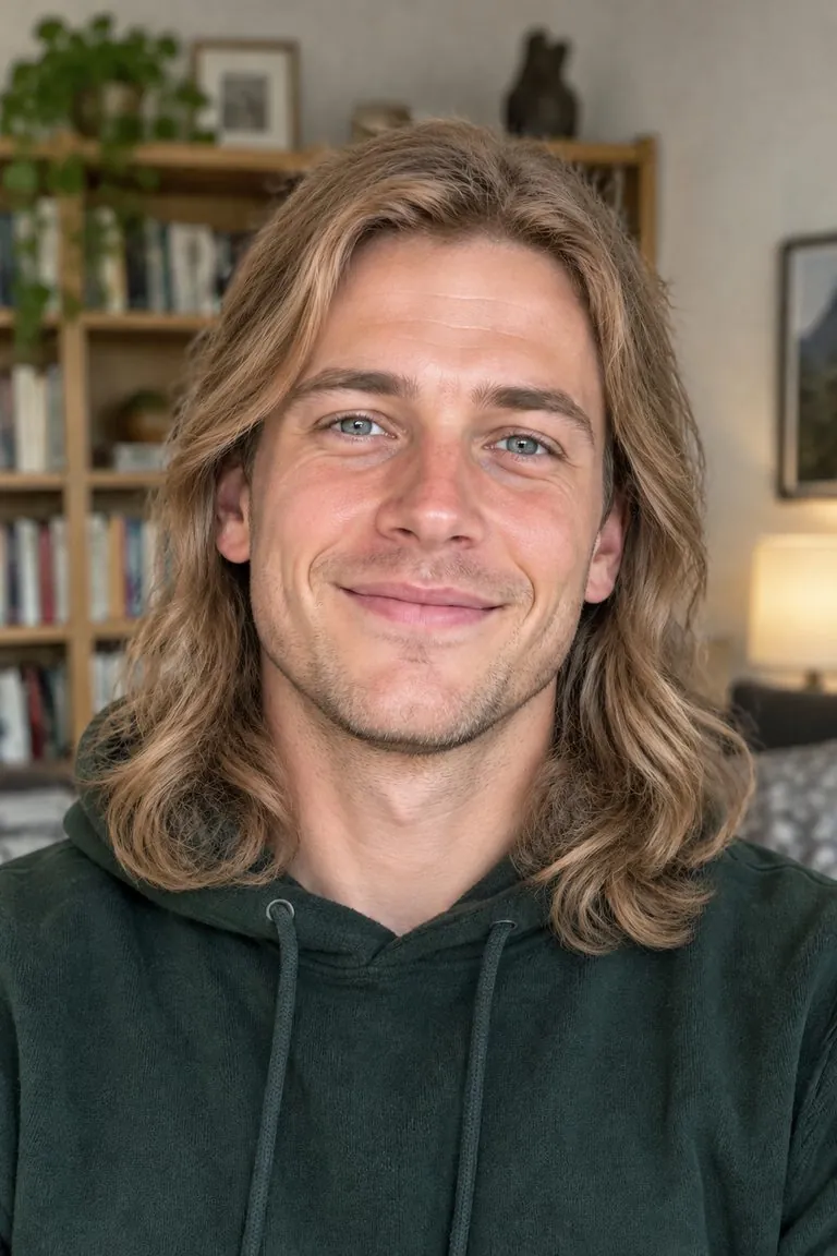 Long hair filter: a man with short sandy-blonde hair, then the same photo with long hair past the shoulders