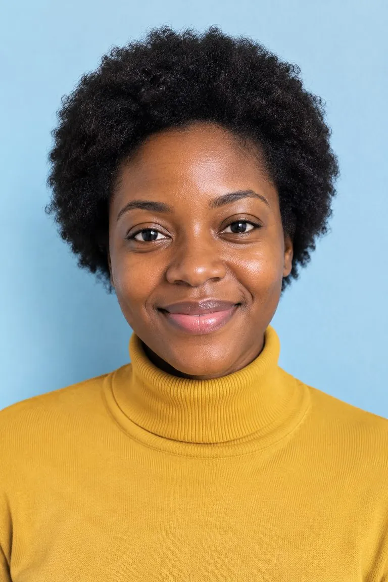Long hair filter: a woman with a short natural afro, then the same photo with long natural curls past the shoulders (original photo)