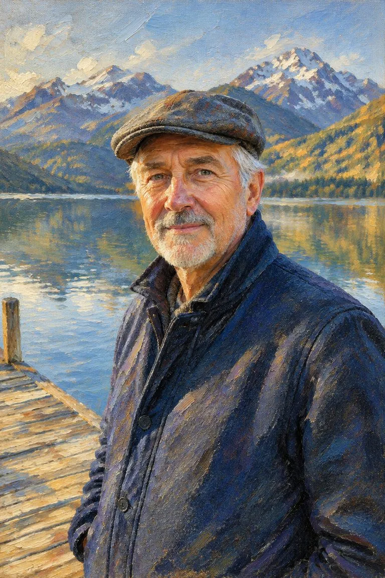 Photo of an older man in a flat cap on a lake dock turned into a painting