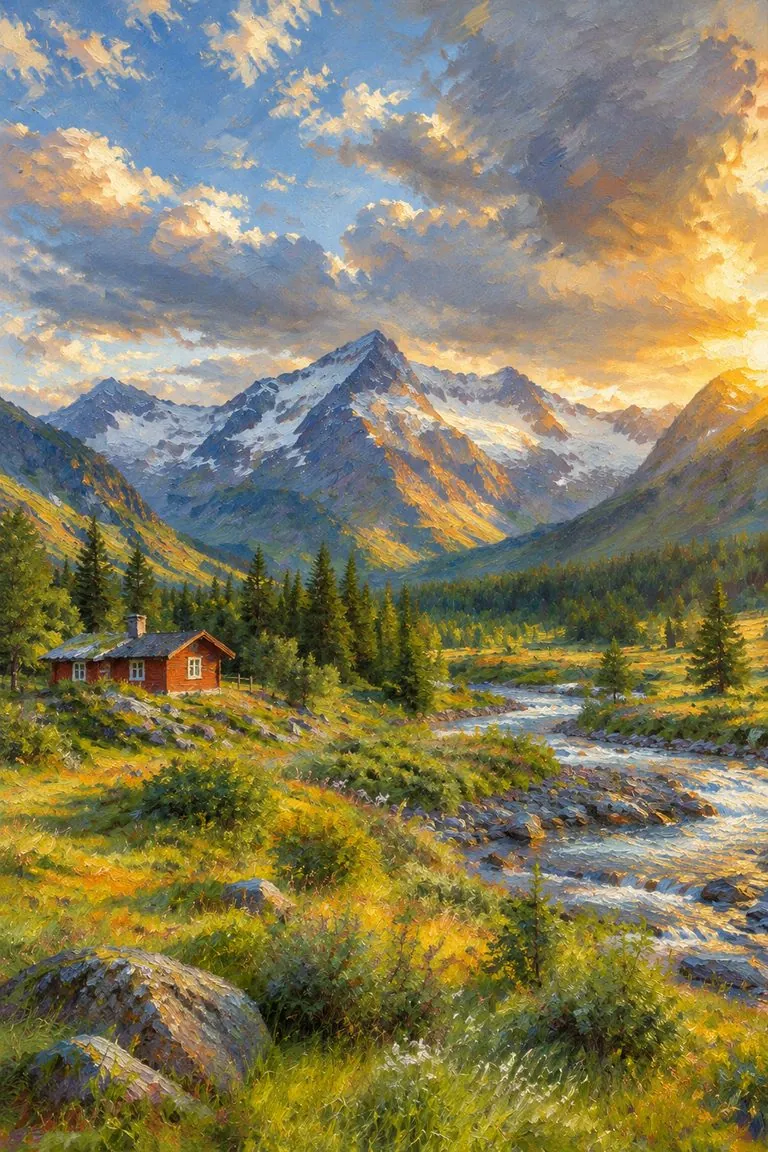 Photo of an alpine valley with a red cabin turned into a painting