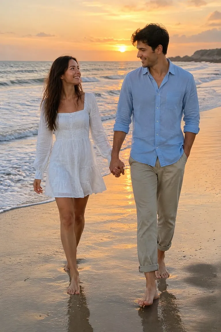 Photo of a couple walking on the beach at sunset turned into a watercolor (original photo)