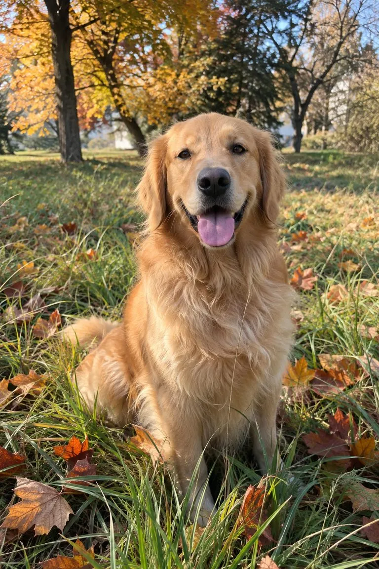 Photo of a golden retriever in autumn leaves turned into a watercolor (original photo)