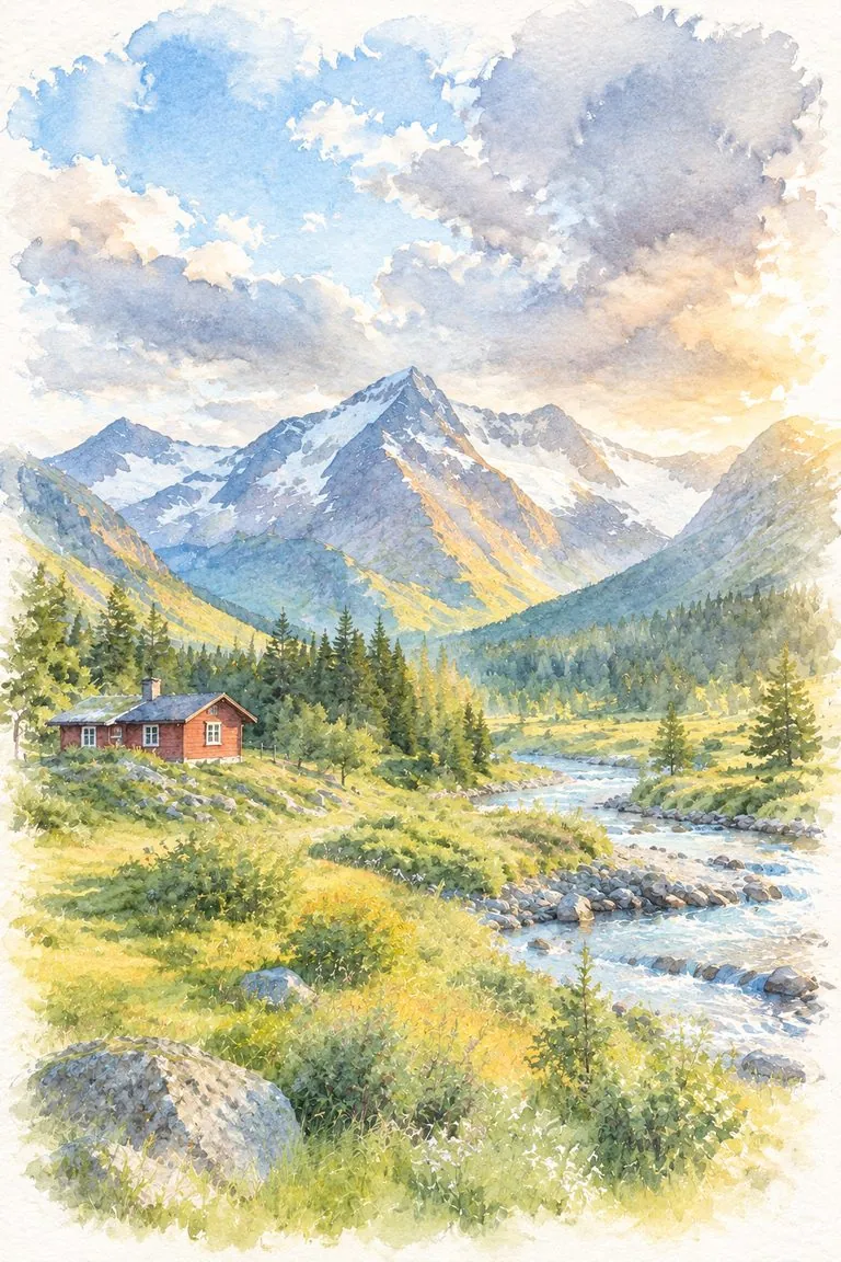 Photo of an alpine valley with a red cabin turned into a watercolor