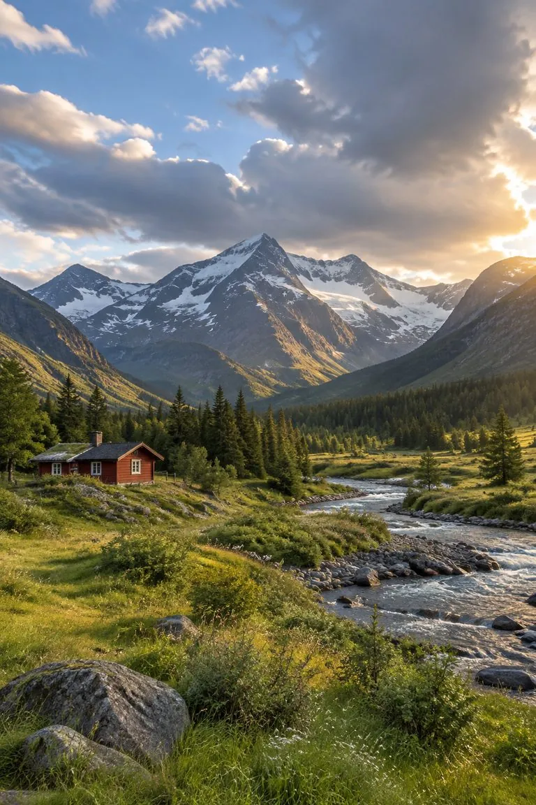 Photo of an alpine valley with a red cabin turned into a watercolor (original photo)