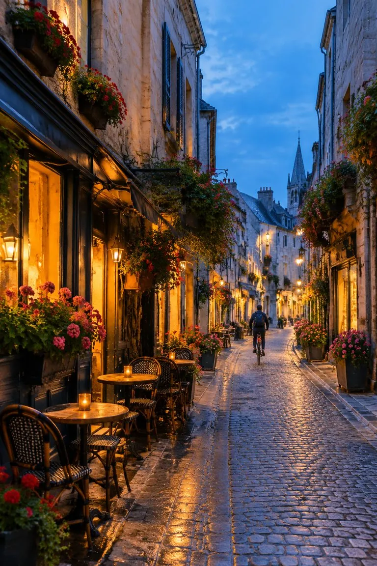 Photo of a cobblestone street at blue hour turned into a watercolor (original photo)