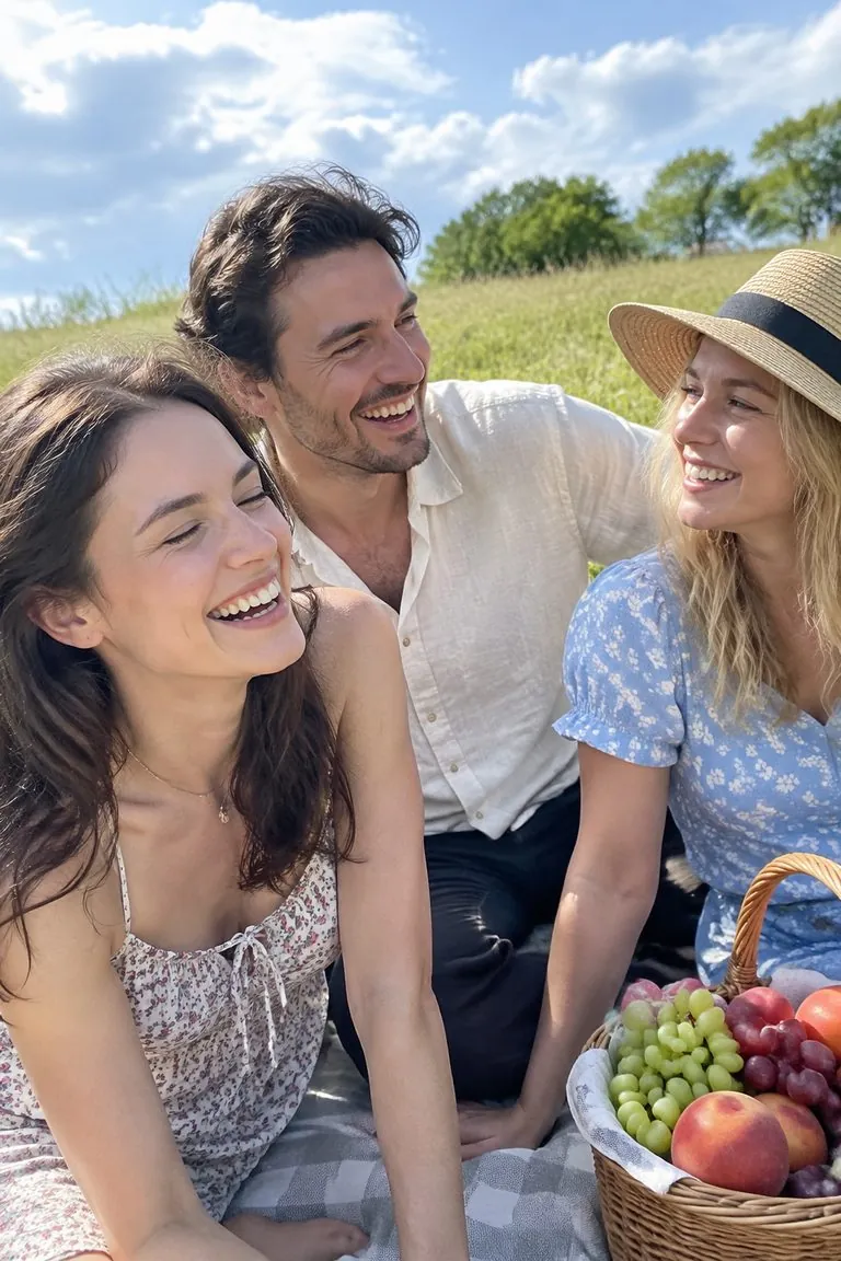 Photo of three friends laughing at a picnic turned into a watercolor (original photo)