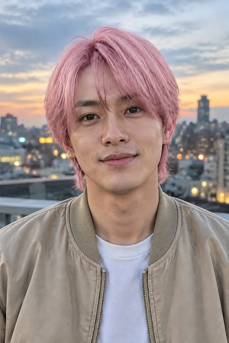 Pink hair filter: a man with medium-length light-brown hair, then the same photo with pastel pink hair
