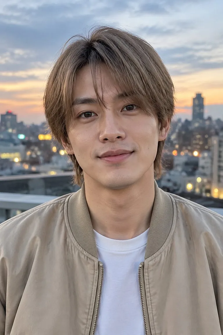 Pink hair filter: a man with medium-length light-brown hair, then the same photo with pastel pink hair (original photo)
