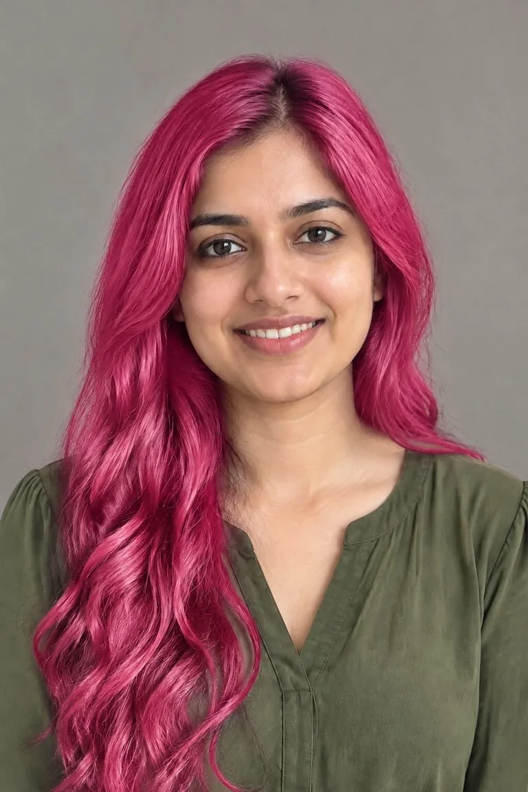 Pink hair filter: a woman with long black waves, then the same photo with hot pink hair