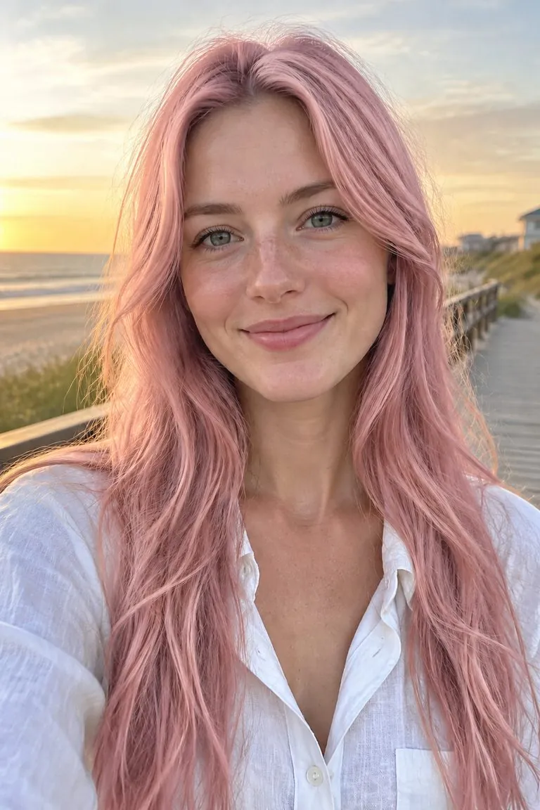 Pink hair filter: a woman with long strawberry-blonde hair, then the same photo with soft blush pink hair