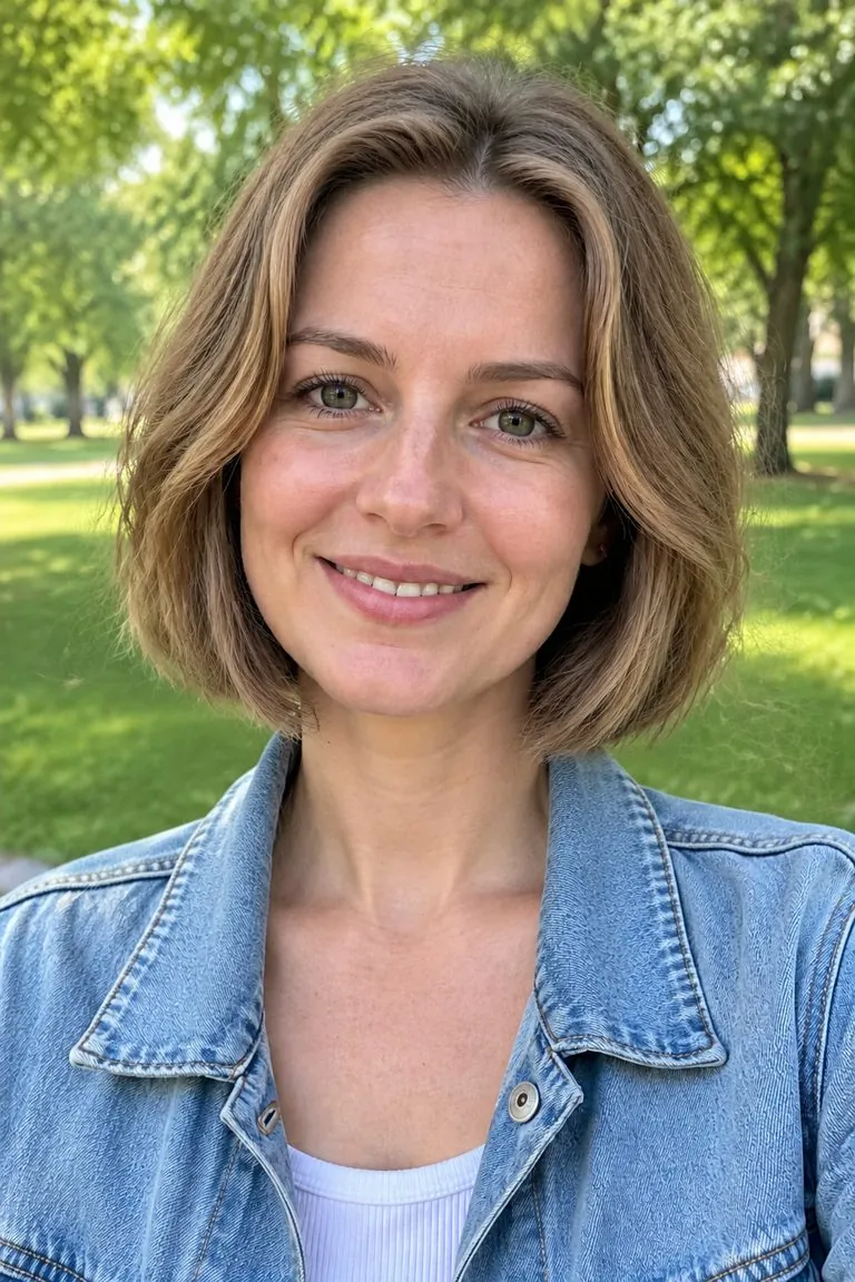 Short hair filter: a woman with shoulder-length light-brown waves, then the same photo with a short sleek bob