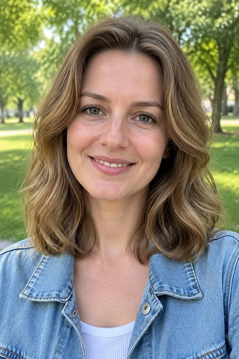 Short hair filter: a woman with shoulder-length light-brown waves, then the same photo with a short sleek bob (original photo)