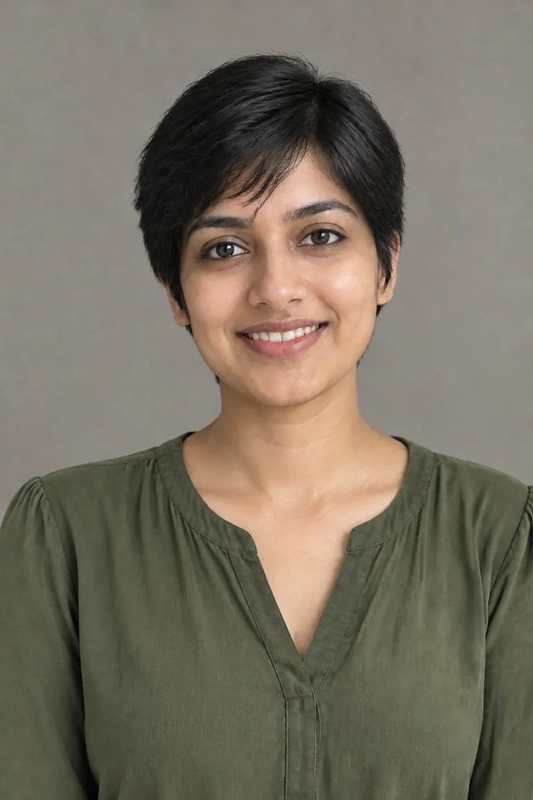 Short hair filter: a woman with long black waves, then the same photo with a short pixie cut