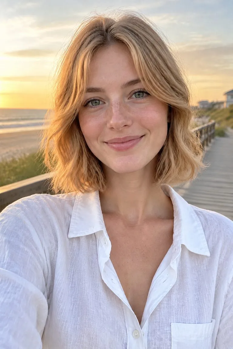 Short hair filter: a woman with long strawberry-blonde hair, then the same photo with a short textured bob with curtain bangs