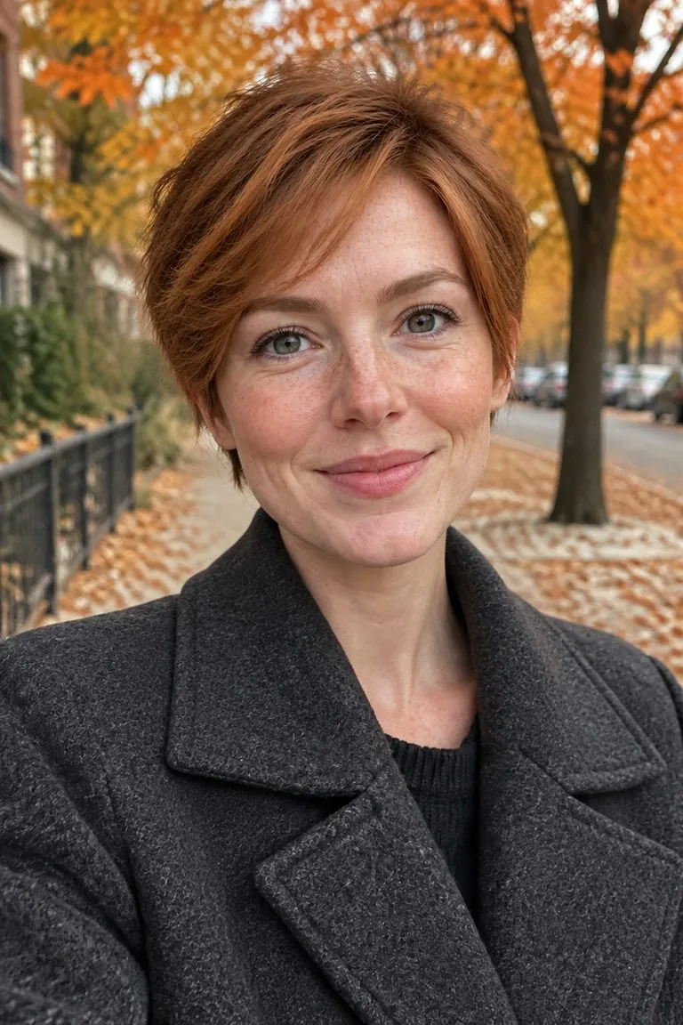 Short hair filter: a woman with long copper-red hair, then the same photo with a short layered pixie cut