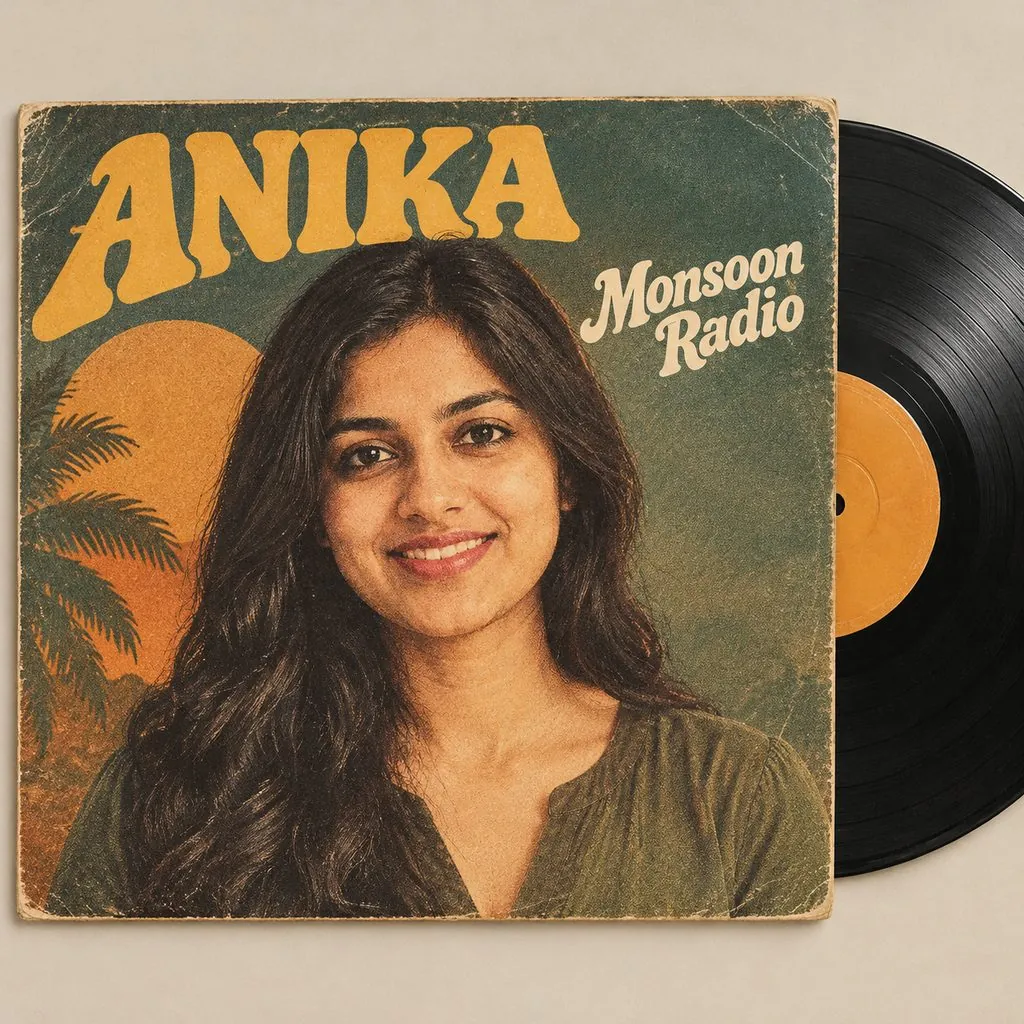 AI album cover generator: a photo of a woman with long black waves, then a retro vinyl album cover with the same person on it — result