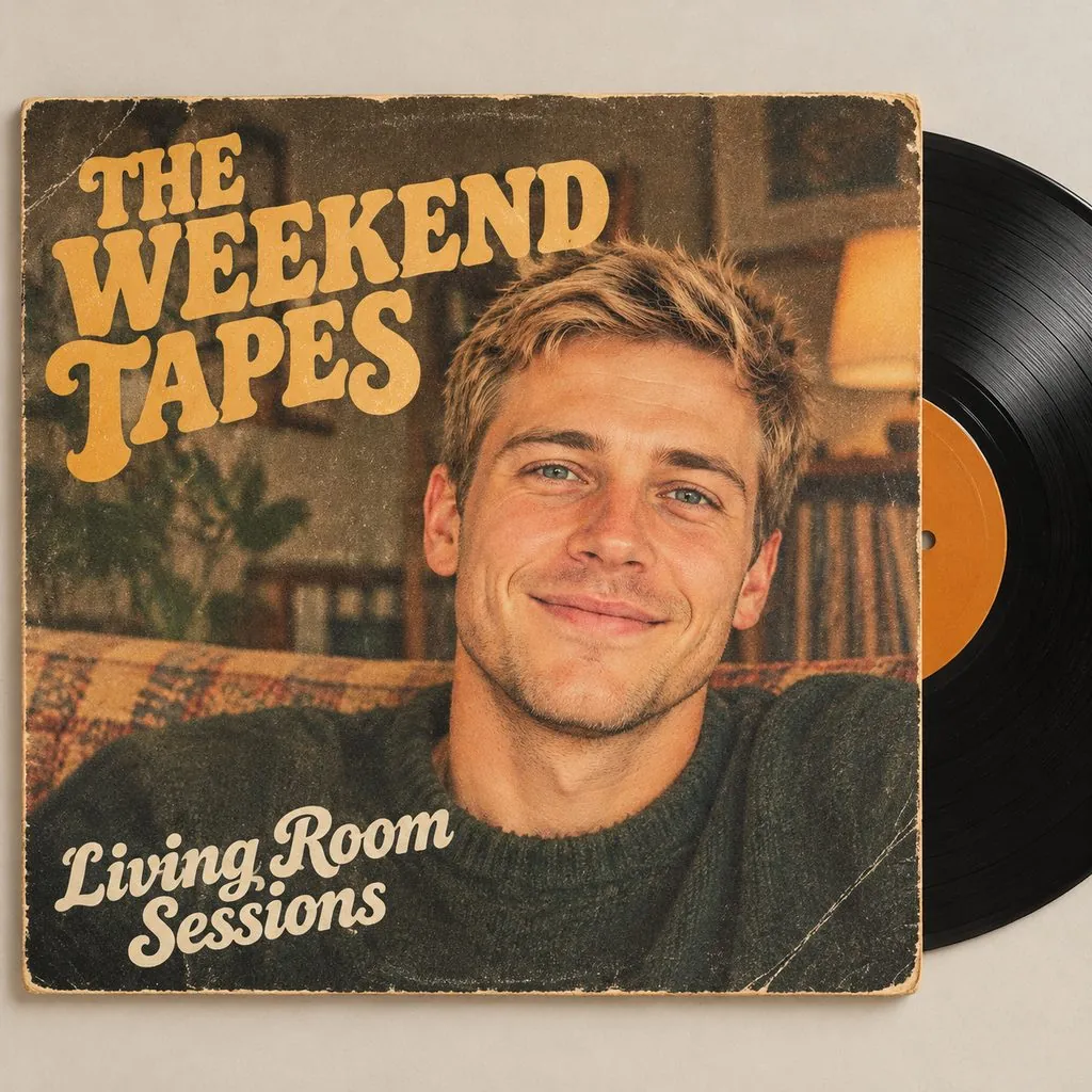 AI album cover generator: a photo of a man with short sandy-blonde hair, then a retro vinyl album cover with the same person on it — result