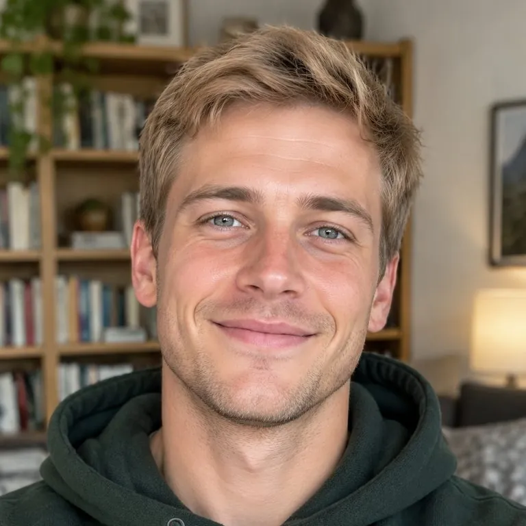 AI album cover generator: a photo of a man with short sandy-blonde hair, then a retro vinyl album cover with the same person on it — original photo