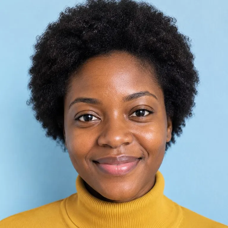 AI album cover generator: a photo of a woman with a short natural afro, then a retro vinyl album cover with the same person on it — original photo