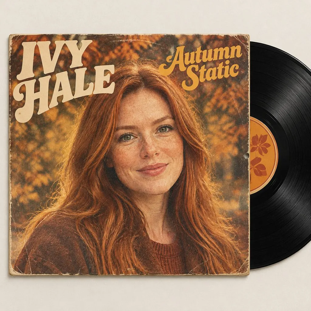 AI album cover generator: a photo of a woman with long copper-red hair, then a retro vinyl album cover with the same person on it — result