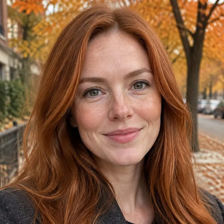 AI album cover generator: a photo of a woman with long copper-red hair, then a retro vinyl album cover with the same person on it — original photo
