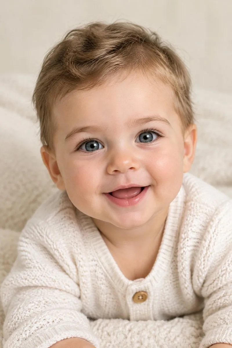 AI baby generator: parent 1 + parent 2 → a smiling six-month-old baby in a cream knit cardigan — try-on result