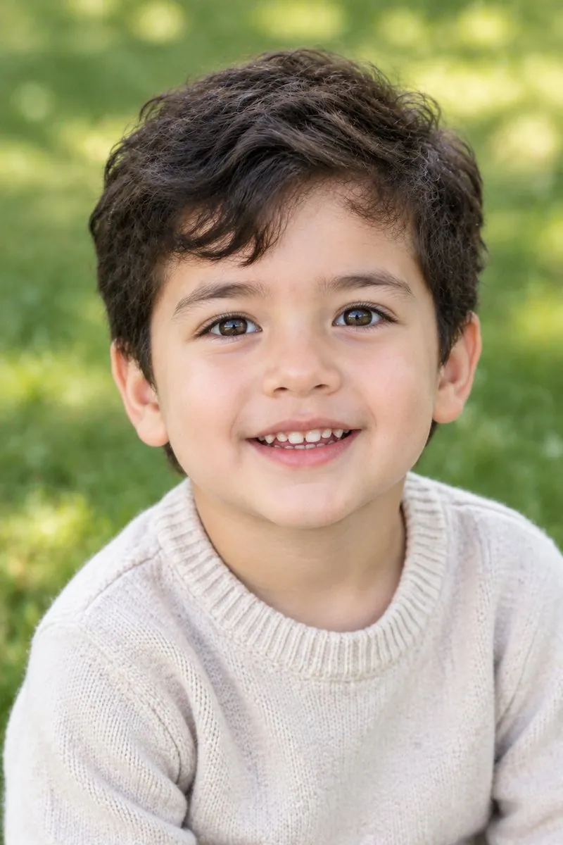 AI baby generator: parent 1 + parent 2 → a three-year-old boy smiling on a sunny lawn — try-on result